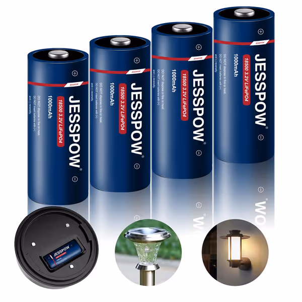 JESSPOW 18500 LiFePO4 3.2V 1000mAh Solar Batteries (4-Pack)